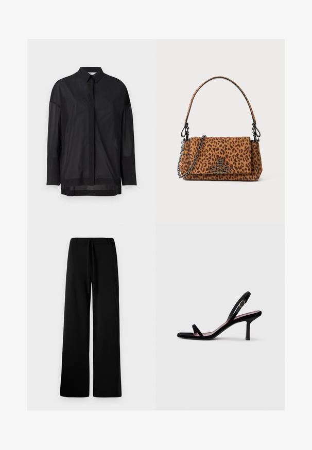 Svart långärmad skjorta med knapp-up krage, genomskinligt tyg, rak skärning och subtil textur med framplacketdesign.; Breda svarta byxor i mjukt tyg, med resårmidja, slät textur och utan synliga fickor eller mönster.; Svart mocka högklackad sandal för kvinnor med smala remmar och ett guldspänne på vit bakgrund, sidosyn.; Väsk med leopardmönster, tillverkad av mocka, med ett kort handtag, en kedjeslinga och ett spänne i svart metall. Rektangulär form med klaffstängning.
