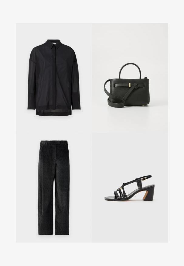 Black long-sleeve shirt featuring a button-up collar, sheer fabric, straight cut, and subtle texture with a front placket design.; Black, textured wide-leg trousers with a pronounced weave, featuring front pleats and a flat waistband. Classic design for versatility.; Paul Smith AMIRA - Classic heels - black; Black leather handbag with a textured finish, top handles, and a long adjustable strap. Features a gold-tone hardware accent on the front.