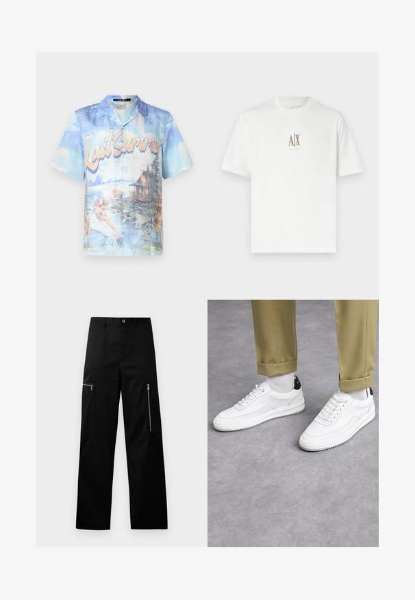 Korte mouwen overhemd met knopen, voorzien van een blauw en pastel landschap print met de tekst "Laatste Zomer", die water en een chalet uitbeeldt.; Witte katoenen t-shirt met een ronde hals. Heeft een klein beige logo "A|X" en "ARMANI EXCHANGE" gedrukt eronder. Korte mouwen, normale pasvorm.; Zwarte cargobroek van duurzaam materiaal, met een rechte pasvorm, twee ritszakken aan de zijkanten en een klassieke knoopsluiting.; Witte sneakers met een textuur van leerafwerkingen, een ronde neus en een zwarte hielaccent. Rubberen zool met een klein profiel en gestikte details.