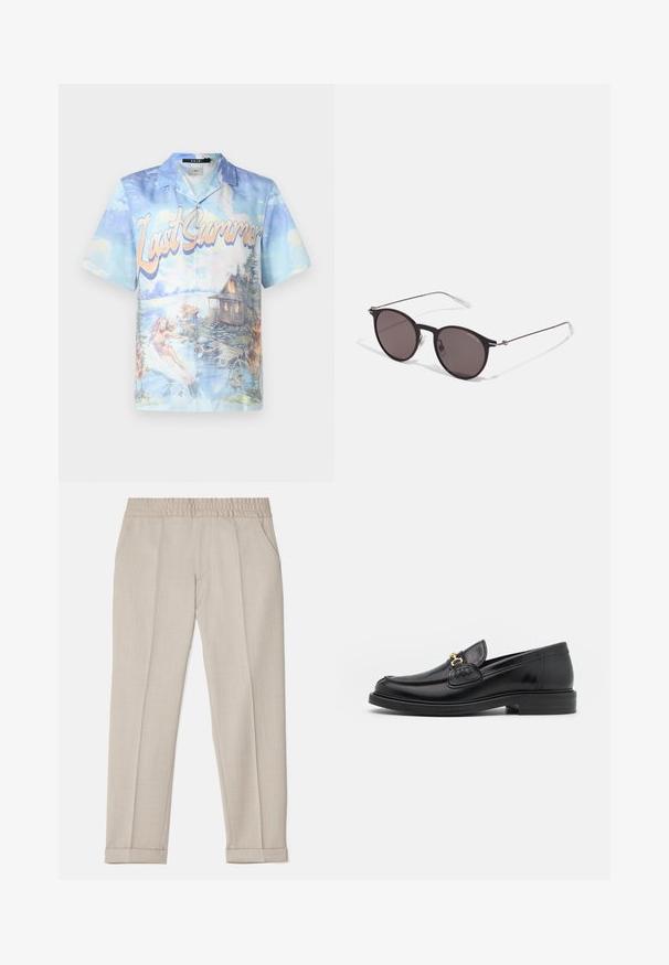Cămașă cu mâneci scurte, cu butoni, featuring un print cu un peisaj albastru și pastel, cu textul "Ultima Vară", ilustrând apă și o cabană.; Filippa K TERRY CROPPED TROUSERS - Pantaloni - sage melange; Loaferi din piele neagră cu vârf rotunjit, dotati cu accente aurii și detalii de cusătură, așezați pe o talpă joasă din cauciuc texturat.; Ochelari de soare negri rotunzi cu lentile întunecate și brațe metalice subțiri. Include vârfuri transparente pentru brate și accente argintii la balama. Design minimalist.