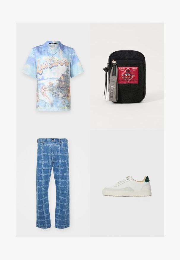Short-sleeve button-up shirt featuring a blue and pastel landscape print with "Last Summer" text, depicting water and a cabin.; Blue denim jeans with a straight-leg cut, featuring repeated "Vivienne Westwood" text pattern in white. Classic five-pocket design.; White sneaker with suede accents, rounded toe, flat laces, and a cream rubber sole. Features green branding on the heel.; Black pouch with textured fabric, featuring a red patch with logo, zip closure, and a gray strap with embossed brand name.