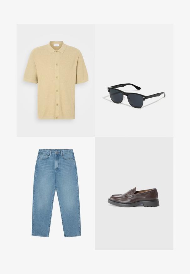 Polo de manga curta em bege claro, feito de um tecido texturizado. Apresenta um fecho botão na parte da frente e um colarinho clássico.; Jeans de ganga de perna larga em azul-claro com cintura alta, apresentando cinco bolsos, passadores para cinto e uma textura suave, ligeiramente desbotada.; Mocassins de couro castanho com um acabamento suave, bico redondo, costura mínima e uma sola grossa de borracha preta. Sem hardware ou detalhes visíveis.; Óculos de sol pretos com forma retangular, lentes escuras, detalhes em prata nas hastes e um acabamento mate na armação.
