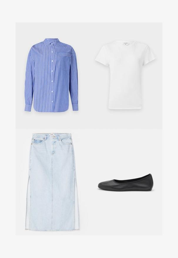 Gestreifte blau-weiße Button-Up-Hemd mit Kragen, langen Ärmeln, einer Brusttasche und einem leicht abgerundeten Saum. Aus weichem Stoff gefertigt.; Weißes Baumwoll-T-Shirt mit Rundhalsausschnitt und kurzen Ärmeln, das einen lockeren Sitz und ein minimalistisches Design aufweist. Etikett am Hals sichtbar.; Hellblaue Jeans-Maxi-Rock mit geradem Schnitt, ausgestattet mit seitlichen Schlitzen und einem Fünf-Taschen-Design. Auffällige Nähte und Metallschnappverschluss.; Schwarze Leder-Ballettschuhe mit abgerundeter Spitze, glatter Textur, minimalen Nähdetails und einem flexiblen Sohlen-Design.
