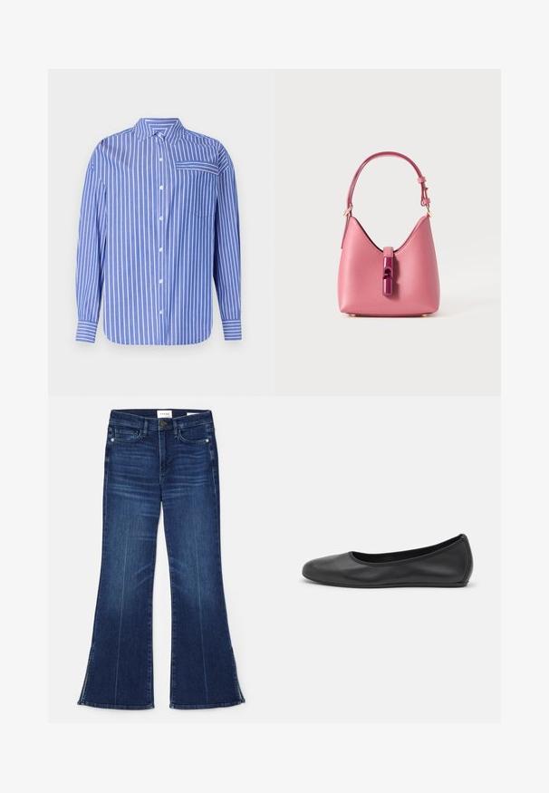 Blå og hvitstripete skjorte med krage, lange ermer, en frontlomme og en litt avrundet nederkant. Laget av mykt stoff.; Mørkeblå flagrende jeans laget av denim. Har høy midje, frontlommer og splittdetaljer ved kanten. Klassisk femlommers design.; Svart skinnballettflatt med rund tå, glatt tekstur, minimal sømdetalj, og et fleksibelt såledesign.; Rosa lærveske med en strukturert form, som har en blank lukking og en enkel justerbar stropp. Teksturert finish med gullfarget maskinvare.