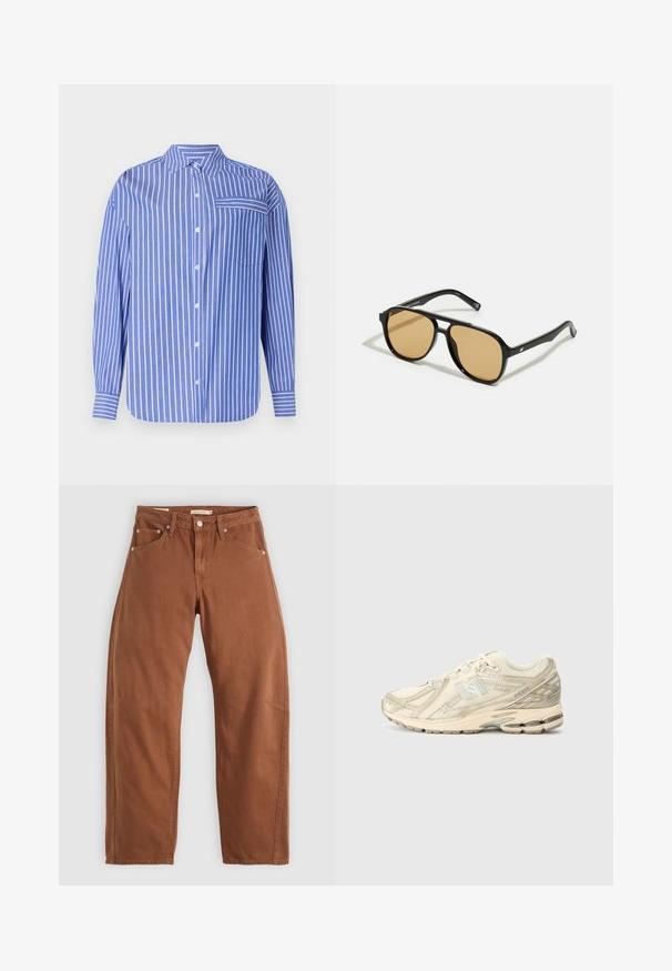 Camisa de botones a rayas azul y blanca con cuello, mangas largas, un bolsillo frontal y un dobladillo ligeramente redondeado. Confeccionada en tejido suave.; Jeans rectos color marrón óxido con bolsillos frontales y traseros, remaches de metal, cierre de botón y trabillas para el cinturón, colocados sobre un fondo blanco.; Zapatilla deportiva beige con parte superior de malla, acentos mínimos, suela texturizada y un sutil logo 'N' en el lateral. Diseño ligero para mayor comodidad.; Gafas de sol negras con lentes de color marrón; forma rectangular con un marco grueso, incluyendo sutiles acentos de hardware en las patillas.