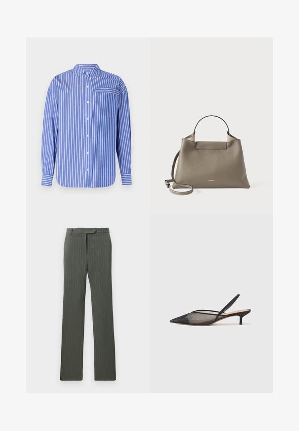 Košulja dugih rukava s plavim i bijelim prugama, s ovratnikom, prednjim džepom i lagano zaobljenim rubom. Izrađena od mekog materijala.; Tamno sivi prugasti krojeni hlače s petljama za remen i ravnim krojem, položene ravno na bijeloj pozadini.; NEOUS IRENA - Klasične cipele s visokom petom - black; Torba od teksturirane sive kože s gornjom ručkom i podesivim remenom za rame, koja se odlikuje minimalističkim dizajnom i suptilnim brendiranjem utisnutim sprijeda.
