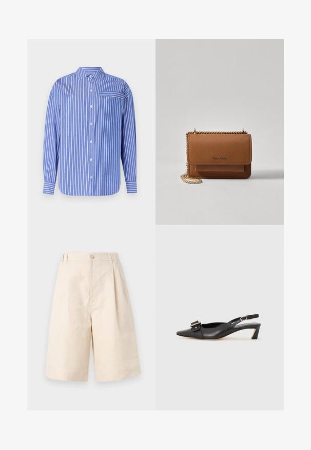 Mėlyna ir balta dryžuota marškinė su apykakle, ilgomis rankovėmis, priekine kišene ir šiek tiek suapvalintu kraštu. Pagaminta iš švelnios medžiagos.; Šviesiai rudų lino šortai su laisvu kirpimu, su mygtukų uždarymu, klostuotais raštais ir kelio ilgio kirpimu. Lygus audinys ir paprastas stilius.; Juodas odinis slingback batelis su smailiu nosiu, maža pakulne ir dekoratyvine sagtimi viršuje. Lygus paviršius, minimalistas dizainas.; Ruda tekstūruota odinė per petį nešama rankinė su auksiniu grandininiu dirželiu ir užlenkiamo užsegimo. Priekinėje pusėje yra logotipo detalė ir kišenė po užlenkimu.