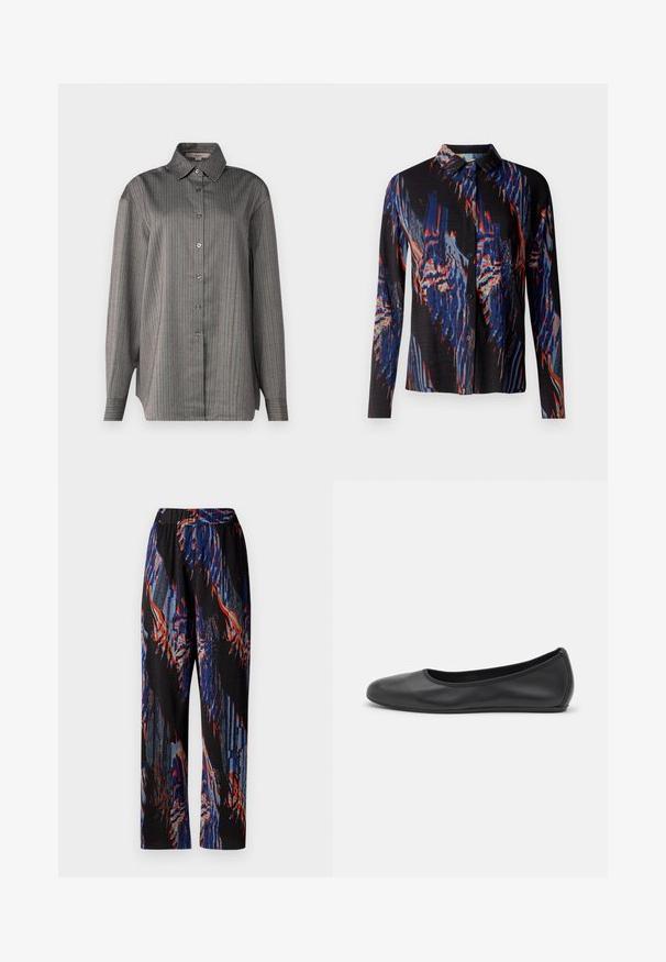Camicia a bottoni in tessuto grigio con righe verticali blu e rosse. Presenta un colletto classico e maniche lunghe. Texture leggera.; Maglietta nera a maniche lunghe con un vivace motivo astratto nei colori blu, rosso e bianco. Presenta un colletto e una chiusura frontale con bottoni. Tessuto texturizzato.; Pantaloni neri a fantasia con audaci design astratti blu e rossi, dotati di una vita elastica ampia e una vestibilità comoda con gamba dritta.; Pantofole da balletto nere in pelle con punta arrotondata, texture liscia, dettagli di cucitura minimi e design con suola flessibile.