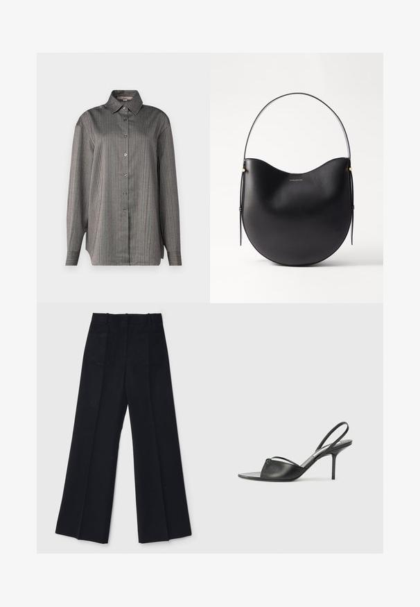 Hallatav särk hallist kangast, millel on vertikaalsed sinised ja punased triibud. Omab klassikalist kraed ja pikki varrukaid. Kerge tekstuur.; Mustad laiad püksid sujuvast kangast, kõrge vöökoht, kaks tagataskut ja peened eesplekid lisatud kuju jaoks.; Mustaid nahk slingback kontsad terava nokaga, peene pahklu rihmaga ja stilettokandaga. Omab sõlme detaili vampi peal.; Mustmustast mustrahk, millel on kumer kuju, õhuke sang ja peened kuldsed aksessuaarsed. Sile tekstuur ja minimalistik disain.