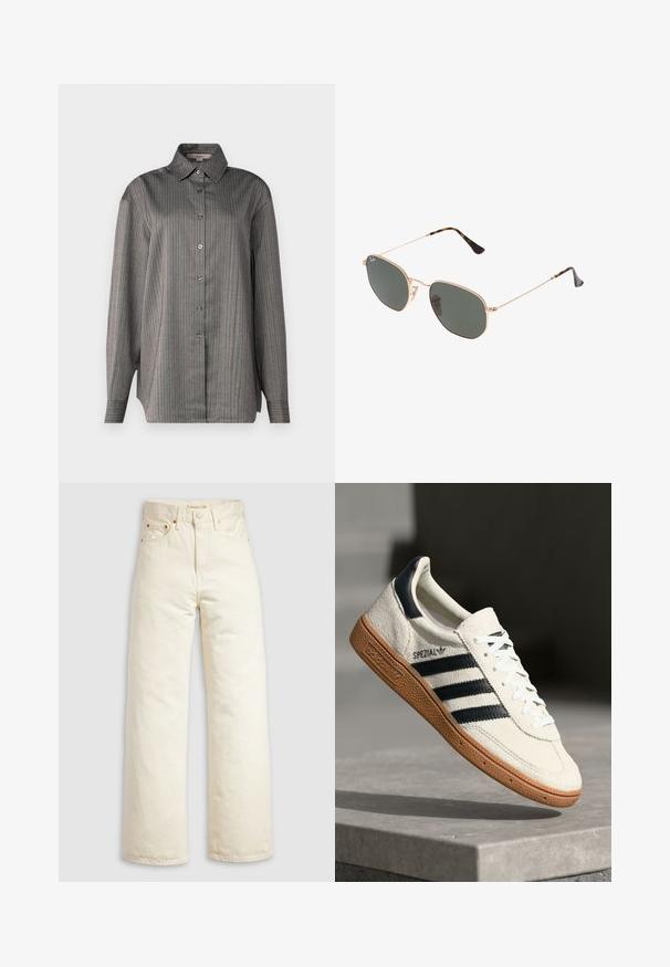 Knappet skjorte i et gråt stof med lodrette striber i blå og rød. Har en klassisk krave og lange ærmer. Letvægtig tekstur.; Vidbenede jeans i offwhite denim med høj talje, kobbernitter og klassisk design med fem lommer. Struktureret stof med rene kanter.; Hvide ruskinds sneakers med marineblå striber, gummisål, struktureret overdel, rund tå og snøring; har branding på siden og tungen.; Guldmetallisk brille med mørkegrønne linser, aviator-stil, med slanke arme og skildpadde-mønstrede detaljer på spidserne.; Sort quiltet faux læder taske med kædestrop, der har et hexagonalt mønster og en dekorativ vinge detalje på forsiden.