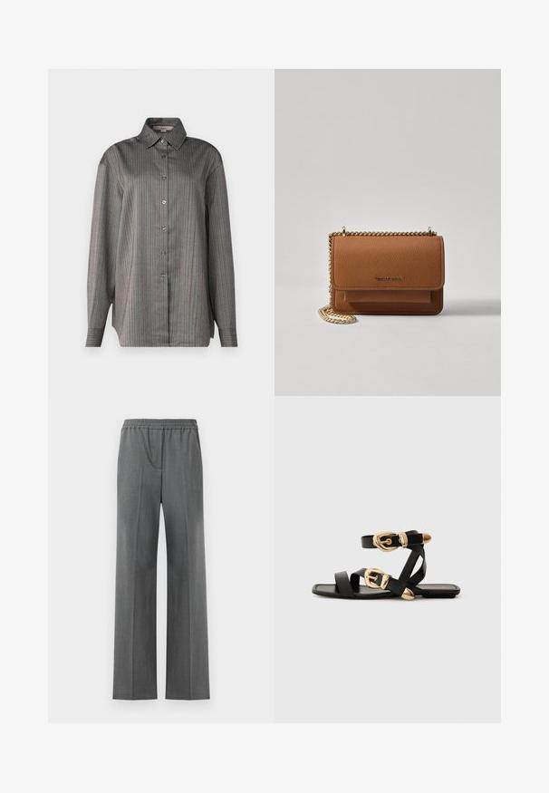 Hemd aus grauem Stoff mit vertikalen Streifen in Blau und Rot. Verfügt über einen klassischen Kragen und lange Ärmel. Leichte Textur.; Graue weit geschnittene Hose mit elastischem Bund, aus einem strukturierten Stoff mit einem dezenten Webmuster.; Schwarze Ledersandalen mit goldenen Schnallenakzenten, die mehrere Riemen und ein flaches Sohlendesign für das Tragen mit offenen Zehen bieten.; Braune strukturierte Ledertasche mit goldener Kettenriemen und Klappenverschluss. Die Vorderseite zeigt ein Logo-Detail und eine Tasche unter der Klappe.