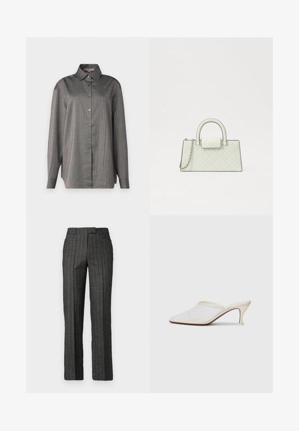 Košile na knoflíky v šedé látce s vertikálními pruhy v modré a červené barvě. Má klasický límeček a dlouhé rukávy. Lehká textura.; Šedé kalhoty na míru s vertikálními pruhy, plochým předním dílem a poutky na opasek; vyrobené z texturované tkaniny, s rovnými nohavicemi.; Bílé síťované psací muly s špičatou špičkou, štíhlým středně vysokým podpatkem a designem na nazouvání na jednobarevném pozadí.; Bílá prošívaná kabelka se strukturovaným designem, horním uchem, odnímatelným řetězovým popruhem a vyvýšeným logem na zavírání.