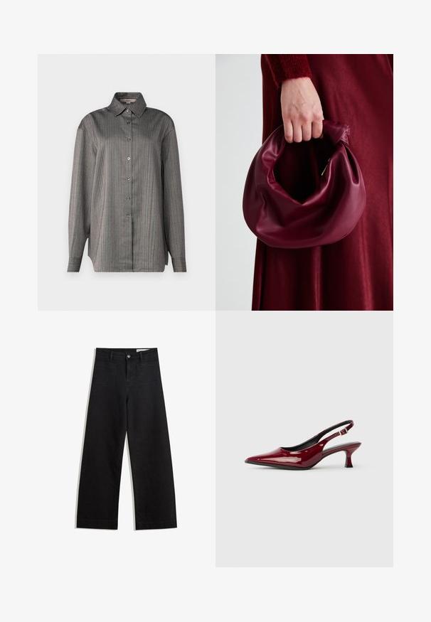 Cămașă cu nasturi dintr-un material gri, cu dungi verticale albastre și roșii. Are un guler clasic și mâneci lungi. Textură ușoară.; Pantaloni din denim negri cu picioare largi, cu talie înaltă, având buzunare frontale și posterioare, cusături dublate și închidere cu nasture. Textură netedă.; Sandale cu toc din piele patent burgundy, cu vârful ascuțit și toc stiletto elegant. Design cu spatele deschis și detaliu cu curea pentru gleznă ajustabilă.; Geantă de mână din piele burgundă, cu un design moale și pliat și o formă rotundă. Mânerele sunt securizate, evidențiind o textură netedă.
