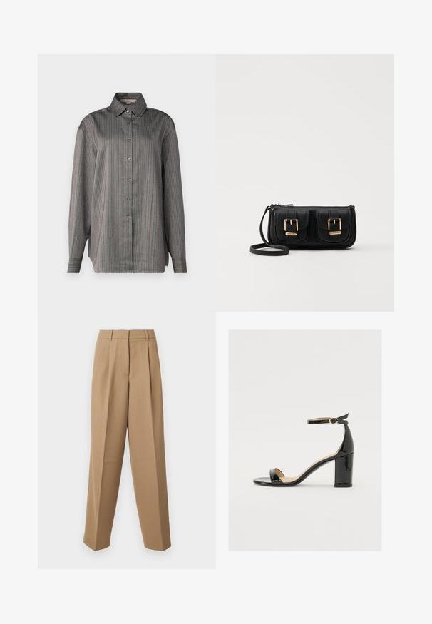 Košeľa na gombíky v sivej látke s vertikálnymi pruhmi v modrej a červenej farbe. Má klasický golier a dlhé rukávy. Ľahká textúra.; Krémové upravené nohavice s vysokým pásom, skladaným predkom a širokým strihom. Tkanina sa zdá byť hladká s jemným leskom.; Čierne lakované sandále s širokým podpätkom, otvorenou špičkou a remienkom okolo členka s zlatou sponou. Hladká textúra a elegantný dizajn.; Čierna kožená crossbody taška s dvoma prednými vreckami, zlatými sponami, zipsovým uzatváraním a úzkym popruhom. Štruktúrovaný povrch a kompaktný obdĺžnikový tvar.