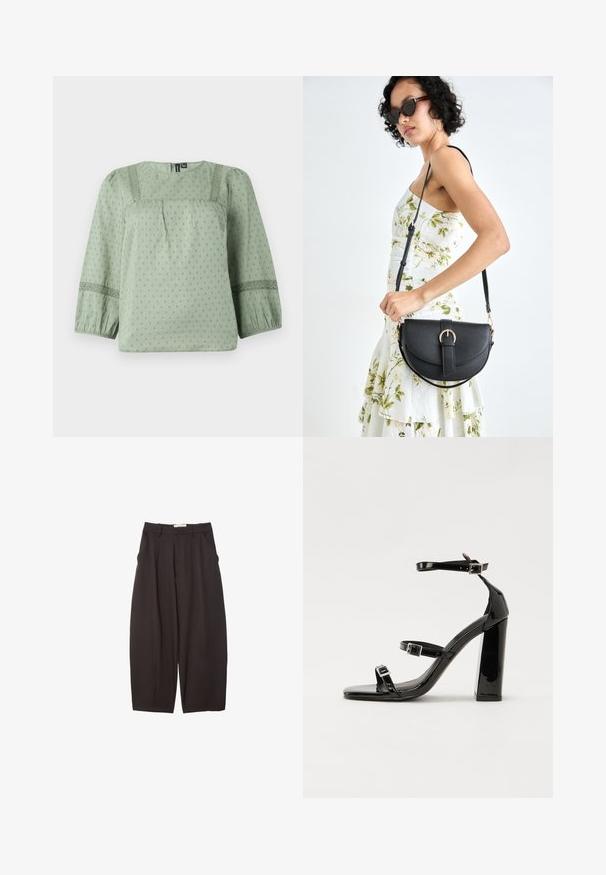 Blusa verde chiaro realizzata in tessuto morbido, con un motivo testurizzato, scollo rotondo e maniche a palloncino a tre quarti con dettagli in pizzo.; Pantaloni neri a gamba larga realizzati in un tessuto morbido, con vita alta, pieghe frontali e tasche laterali. Design semplice senza decorazioni.; Sandali con tacco in vernice nera, con punta squadrata, cinturini alla caviglia e fibbie in argento. Presentano un tacco a blocco spesso per maggiore stabilità.; Borsa a tracolla nera in pelle con una forma curva, manico rimovibile e accessori dorati. La borsa presenta una patta con un dettaglio a fibbia.