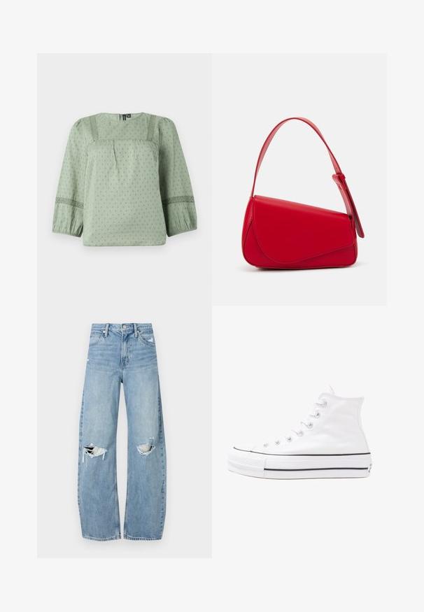 Svetlo zelena bluza iz mehkega materiala z teksturiranim vzorcem, okroglim izrezom in balonastimi rokavi do tri četrtine z čipkastimi detajli.; Svijetloplave traperice visoki struk. Imaju široke nogavice, dva poderana područja na koljenima i klasičan petotoksi stil.; Beli visoki platneni športni čevelj z črnim gumijastim podplatom, sprednjim gumijastim zaščitnikom za prste in šestimi luknjicami za vezalke, ki se ponaša s preprostim, minimalističnim dizajnom.; Rdeča usnjena torba z angularnim, geometrijskim dizajnom. Ima en samostoječ nastavljiv ročaj in pokrov, zaprt z zapiranjem, ki je okrašen s šivi.