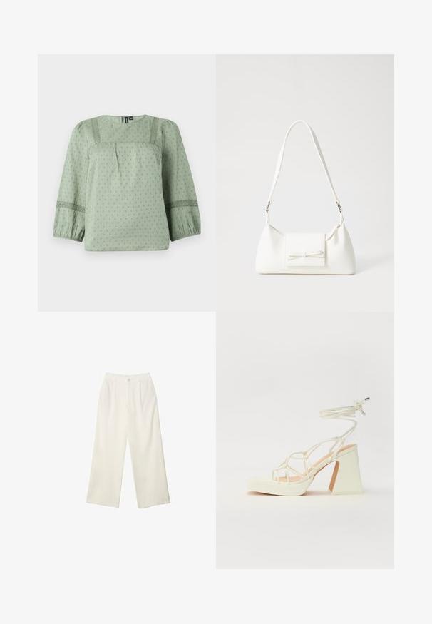 Blusa verde chiaro realizzata in tessuto morbido, con un motivo testurizzato, scollo rotondo e maniche a palloncino a tre quarti con dettagli in pizzo.; Pantaloni a gamba larga in tessuto crema con una texture liscia, caratterizzati da un singolo bottone frontale, pieghe sottili e un design a vita alta.; Sandalo bianco con tacco alto, caratterizzato da un design a cinturini e un legaccio alla caviglia. Texture liscia con una piattaforma frontale per un'altezza aggiuntiva.; Borsa sintetica bianca a forma triangolare, con patta anteriore piatta e dettaglio a fiocco, tracolla regolabile, texture liscia e design minimalista.