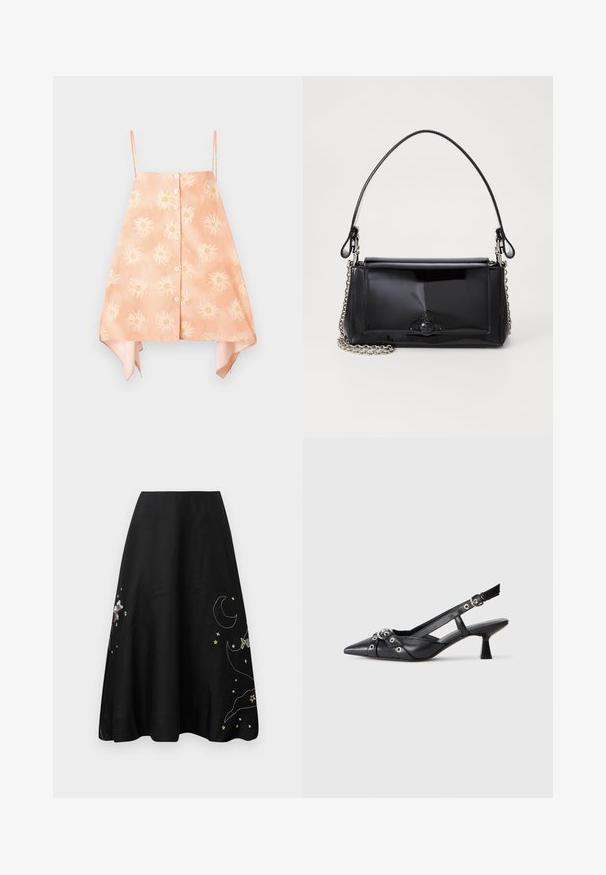 Peach-colored sleeveless top with a button-down front, featuring a floral sun pattern and a curved hem with contrasting color accents.; Black skirt featuring colorful embroidery of stars, a moon, and a character. A-line design, smooth fabric, knee-length, with a subtle sheen.; Black leather slingback shoe with a pointed toe, decorative straps featuring metal eyelets, and a low block heel. Textured surface.; Black patent leather handbag with a rectangular shape, chain strap, and a distinctive hardware accent in the center. Smooth texture.