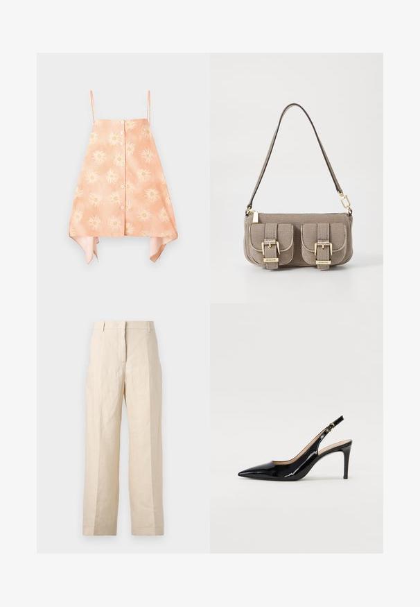 Peach-colored sleeveless top with a button-down front, featuring a floral sun pattern and a curved hem with contrasting color accents.; Beige linen trousers with a loose fit, pleated front, and straight legs. Features a waistband with belt loops and no visible pockets.; Black patent leather slingback pump with pointed toe, slim heel, and a subtle cutout design. Features a gold buckle on the strap.; Beige textured handbag with adjustable strap, two front pockets secured by buckles, and gold hardware accents. Zipper closure at the top.