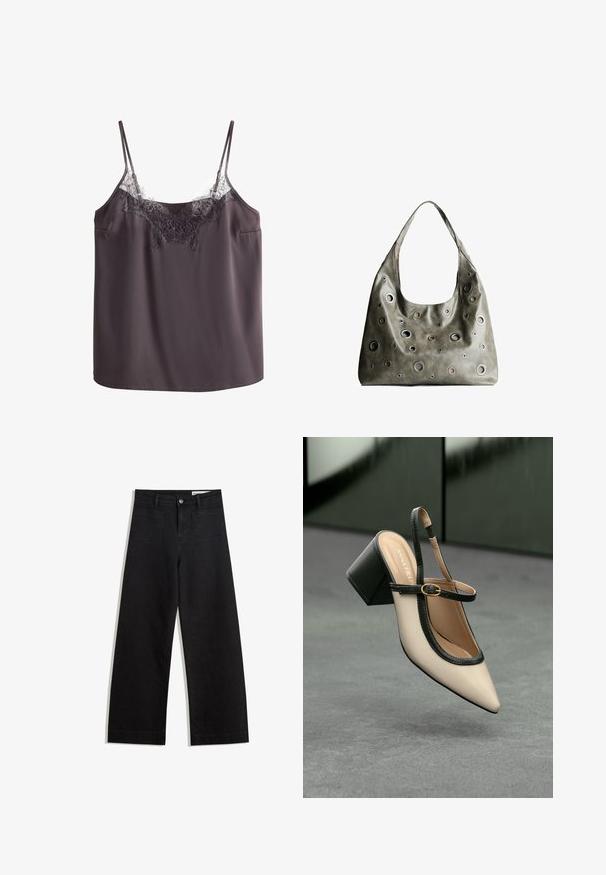 Camisola grigio scuro con spalline sottili, caratterizzata da una bordatura in pizzo floreale lungo la scollatura. Tessuto liscio con vestibilità rilassata e senza dettagli aggiuntivi.; Pantaloni in denim neri a gamba larga con vita alta, dotati di tasche anteriori e posteriori, cuciture a punto, e chiusura con bottone. Texture liscia.; Scarpa beige con punta a stivale, con rifiniture nere, fibbia dorata e tacco a blocco spesso su un pavimento grigio con sfondo verde scuro.; Borsa a tracolla in pelle verde oliva con un design morbido, caratterizzata da tagli circolari di diverse dimensioni e dettagli in tonalità più scure e più chiare.