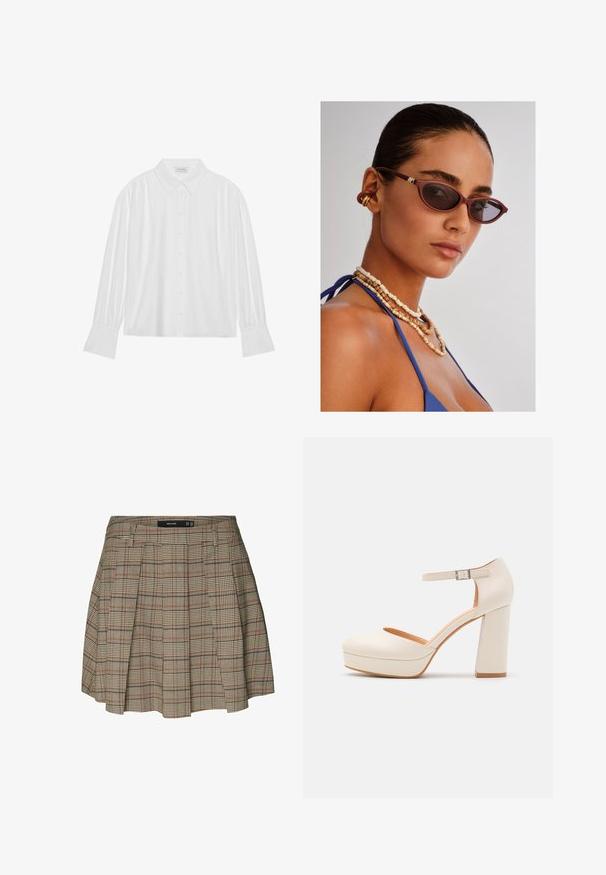 Weiße Bluse mit langen Ärmeln, Kragen, Knopfverschluss und Faltendetails an den Schultern und Ärmeln. Glatter Stoff.; Vero Moda VMELLIE MITTLERE TAILLE - A-Linien-Rock - silver mink; Cremfarbene Plateausandalen mit runder Zehenpartie und verstellbarem Knöchelriemen. Sie verfügen über einen klobigen Blockabsatz mit einem leichten Holzakzent.; Bordeauxfarbene Cat-Eye-Sonnenbrille mit dunklen Gläsern, kunstvoll gearbeitete braune Perlenketten und ein blauer Stoffoberteil. Glatte Haut mit einem natürlichen Finish.