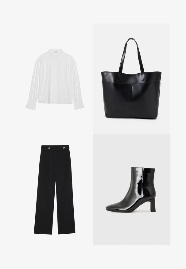 White long-sleeve blouse with a collared neckline, button front, and pleated detailing at the shoulders and sleeves. Smooth fabric texture.; Black wide-leg trousers with high waist, button details on waistband, and front pleats.; Black patent leather ankle boot with a pointed toe and a mid-height block heel. Smooth texture and minimalist design.; Black leather tote bag with two long handles, a smooth texture, and a structured shape. Features a front pocket for additional storage.
