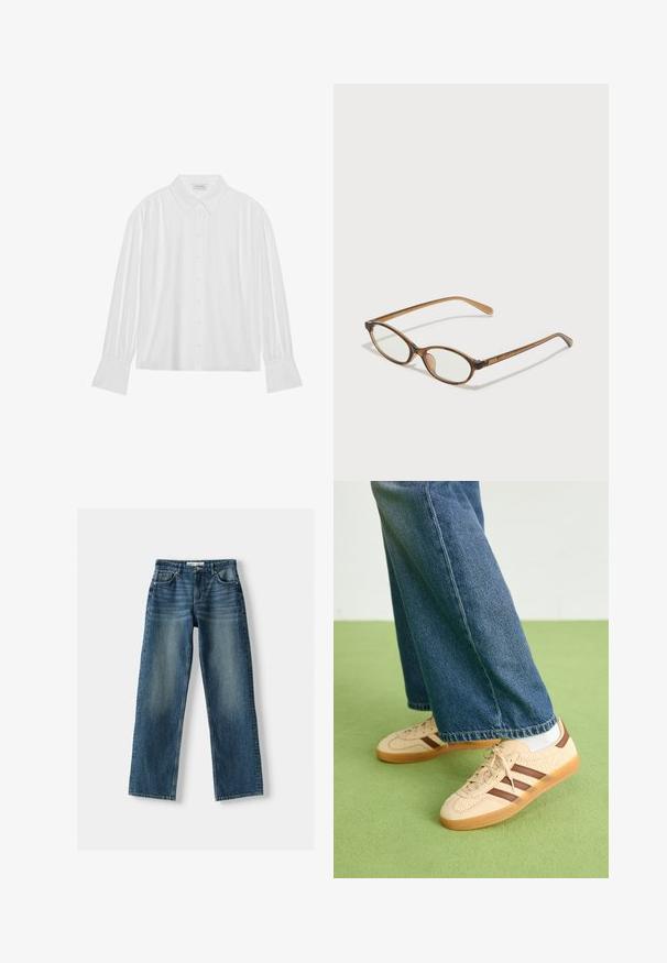 Fehér, hosszú ujjú blúz, galléros nyakkivágással, gombos elülső résszel és redőzött részletekkel a vállaknál és az ujjaknál. Simás textúra.; Kék farmernadrág, egyenes szárú kialakítással, gombos záródással, öt zsebbel és kopott területekkel. Az anyag erősnek tűnik, texturált felülettel.; Beige sportcipők textúrált krém színű panelek és barna csíkok részletezésével, kék farmernadrággal párosítva. A farmer széles szárú és rojtos szegéllyel rendelkezik.; Barna teknős páncélmintás szemüveg, ovális lencsékkel, vékony szárakkal és átlátszó részletekkel. A templomon diszkrét logó található. Elegáns, könnyű dizájn.