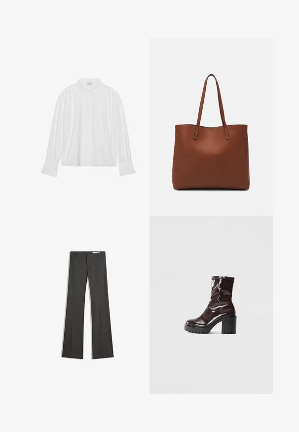 Witte blouse met lange mouwen, een kraag en knoopsluiting aan de voorkant, en geplooide details bij de schouders en mouwen. Gladde stofstructuur.; Grijze flared broeken van een gladde stof, met een platte voorkant, riemlussen en een op maat gemaakt ontwerp met strakke lijnen.; Glanzende bordeauxrode enkelboot met een chunky zwarte hak, met een gladde textuur en een eenvoudig ontwerp. Geen zichtbare sluitingen of patronen.; Bruine leren tote bag met een gladde textuur, een ontwerp met een open bovenkant en twee schouderbanden. Kenmerkt zich door minimale stiksels en geen zichtbare hardware.