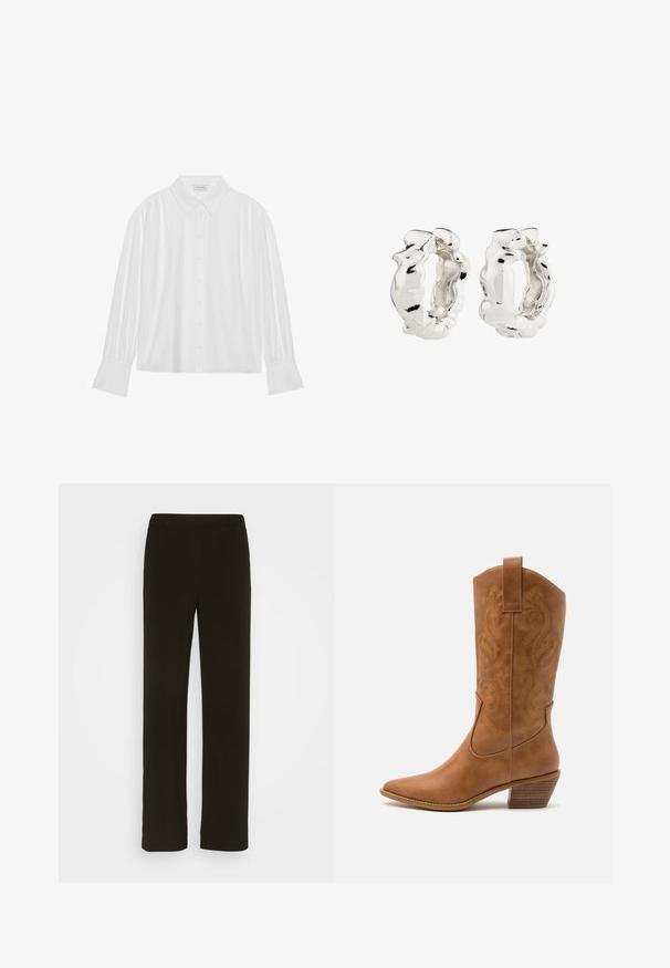 Hvid langærmet bluse med kravehals, knapfortil og plisserede detaljer ved skuldrene og ærmerne. Glat stofstruktur.; Sorte, lige bukser lavet af vævet stof, med flad front, to sidelommer og en glat tekstur. Ingen synlige mønstre eller accenter.; Tan læder cowboystøvle med spids tå, broderede svirvelmønstre på skaftet og en stablet blokhæl. Har en træksløjfe for nem af/på.; Sølvøreringe i loop med et struktureret, uregelmæssigt design. Overfladen er reflekterende og fremhæver kurver og konturer. Det indre rum er hul.
