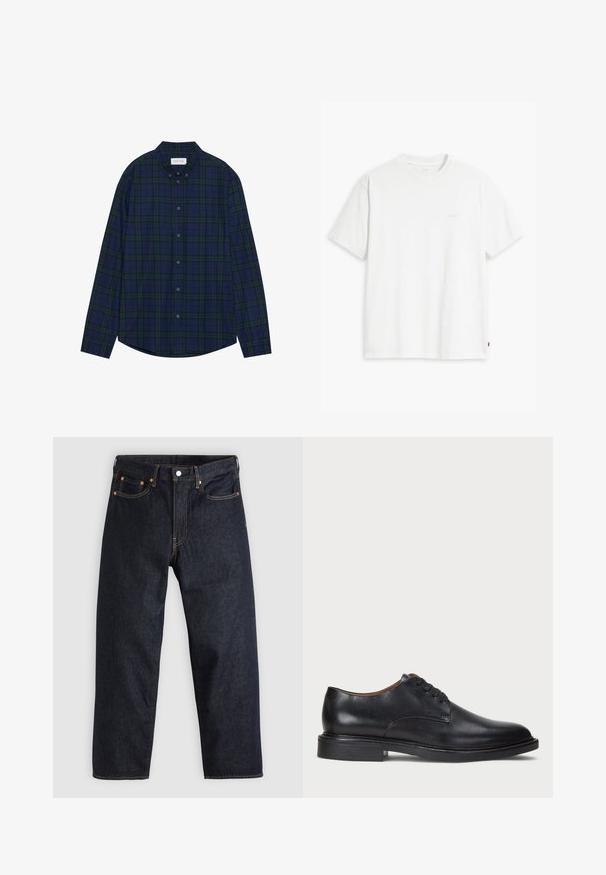 Koszula z guzikami w kratę w kolorze granatowym i zielonym, z zaokrąglonym dołem, długimi rękawami i kołnierzykiem. Posiada dwanaście guzików. Miękka struktura materiału.; Biała bawełniana koszulka z krótkim rękawem, okrągłym dekoltem i dyskretnym logo Levi's nadrukowanym na środku. Miękka tekstura i standardowy krój.; Granatowe dżinsy w prostym kroju, z pięcioma kieszeniami, kontrastującymi pomarańczowymi szwami oraz zapięciem na guzik. Brak widocznych wzorów lub zdobień.; Czarne skórzane buty wizytowe z okrągłym noskiem, sznurowanym zapięciem i niskim, warstwowym obcasem. Gładka faktura z minimalnymi detalami stębnowania.