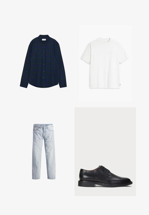 Merinvihreä ruudullinen nappipaitapusero, pyöristetty helma, pitkät hihat ja kaulus. Kaksitoista nappia kiinnityksessä. Pehmeä kangas.; Valkoinen puuvillapaita, jossa on lyhyet hihat, pyöreä pääntie ja hienovarainen Levi's-logo painettuna keskelle. Pehmeä kangas ja normaali istuvuus.; Vaaleansiniset farkut, joissa on suora lahkeidesign, nappikiinnitys, viisi taskua ja hillitty haalistumistekstuuri. Varustettu metallisilla yksityiskohdilla.; Musta nahkakenkä, jossa on pyöreä varvas, nauhakiinnitys ja matala tukipohja. Tasainen pinta, jossa on minimaalinen ommeltu yksityiskohta.