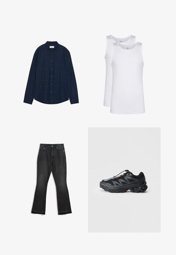 Merinvihreä ruudullinen nappipaitapusero, pyöristetty helma, pitkät hihat ja kaulus. Kaksitoista nappia kiinnityksessä. Pehmeä kangas.; Valkoiset puuvillaiset hihattomat topit, pyöreä pääntie, yksinkertainen kuvio, pehmeä ja kevyt kangas. Kaksi kappaletta esillä.; Mustat farkut, joissa on levenevät lahkeet, rispaantunut helma, viisi taskua ja nappisuljin. Pehmeä pinta, keskikokoinen kangas.; Musta urheilukengä, jossa on teksturoitu verkkopinta, vahvistettu kärki ja nopea nauhakiinnitys. Ominaisuuksiin kuuluu kestävä pohja ja vähäinen kantakorkeus.