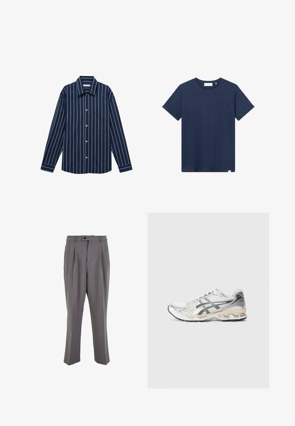 Marineblauwe overhemd met lange mouwen en witte verticale strepen, met knopen vooraan en een enkele borstzak. Gemaakt van een gladde stof.; Navyblauwe katoenen t-shirt met een ronde hals, korte mouwen en een klein geborduurd logo op de linkerkant van de borst. Zachte textuur.; Grijze geplooide broek van gladde stof, met een rechte snit, een enkele knoopsluiting en riemlussen. Minimalistisch ontwerp.; Witte sportieve schoen met zilveren en zwarte accenten, bovenwerk van mesh, textuurdesign, gevoerde zool en een flexibele looppatroon.