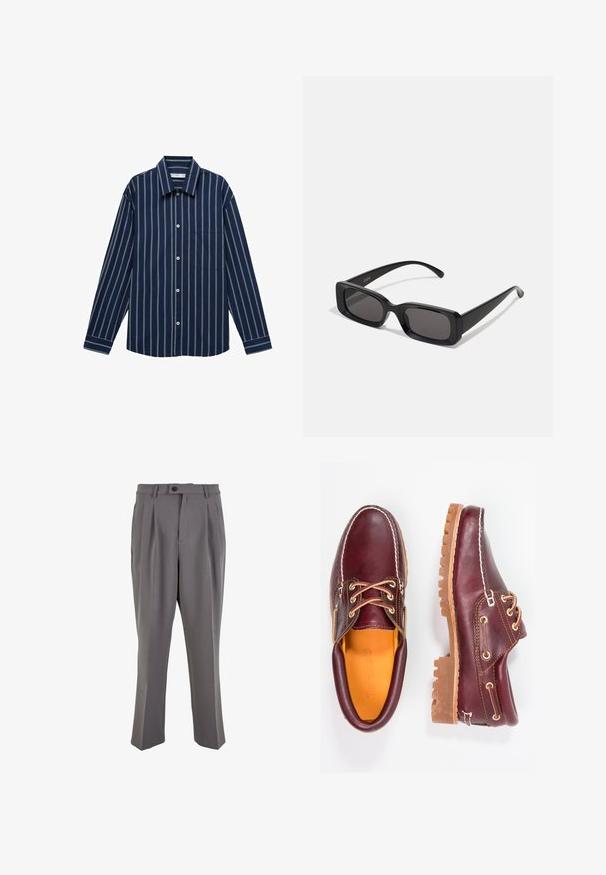 Camicia a maniche lunghe blu navy con strisce verticali bianche, chiusura con bottoni sulla parte anteriore e una tasca sul petto. Realizzata in un tessuto liscio.; Pantaloni grigi plissettati in tessuto liscio, con taglio dritto, chiusura con un bottone e passanti per cintura. Design minimalista.; Scarpe in pelle bordeaux con suole in gomma marrone, punta rotonda, cuciture bianche e occhielli dorati. L'interno presenta un rivestimento giallo.; Occhiali da sole neri rettangolari con lenti scure, finitura lucida, aste larghe e design della montatura spessa. Nome del marchio inciso su un'asta.