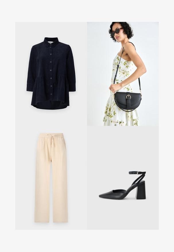 Tengerészkék corduroy ing gombos elülső résszel, gallérral és háromnegyed hosszú ujjal. Jellemzője a peplum stílusú, ráncolt alsó része és a puha textúrája.; Világos bézs, laza fazonú, széles lábú nadrág puha, könnyű anyagból. Rugalmas derékbőség, húzózsinórral. Texturált felület és laza illeszkedés.; Fekete bőr, hegyes orrú magassarkú cipő boka pánttal és vastag sarokkal. Sima textúra, elegáns dizájn és minimális esztétika.; Fekete bőrtáska ívelt formával, levehető pánttal és arany színű fémrészekkel. A táskán egy csattal díszített fedél található.