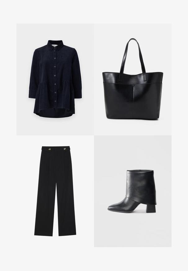 Navy corduroy shirt with a button-up front, collar, and three-quarter sleeves. Features a peplum-style gathered hem and soft texture.; Black wide-leg trousers with high waist, button details on waistband, and front pleats.; Black leather ankle boot with a pointed toe, smooth texture, and a structured block heel. Features a high, folded cuff design.; Black leather tote bag with two long handles, a smooth texture, and a structured shape. Features a front pocket for additional storage.