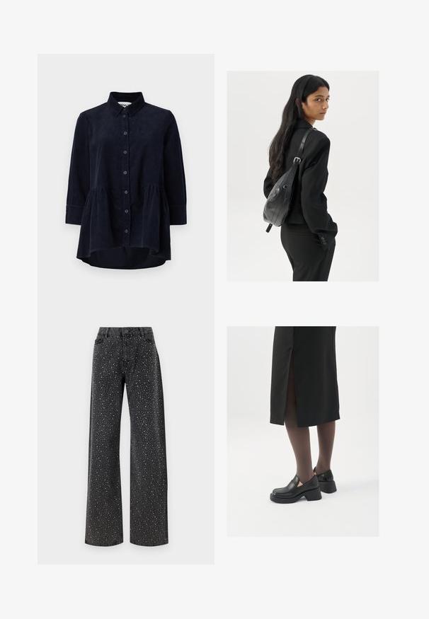 Navy corduroy shirt with a button-up front, collar, and three-quarter sleeves. Features a peplum-style gathered hem and soft texture.; Noisy May NMJANNEL LOOSE - Relaxed fit jeans - black denim; Black leather shoes with a rounded toe, thick block heel, and elastic side accents, paired with dark tights and a black skirt with a slit.; Woman with long dark hair wearing a black suit, carrying a black leather shoulder bag, looking over her shoulder against a white background.; Silver hoop earrings with a minimalist design. Circular shape, smooth texture, and thin profile. Lightweight with a polished finish.