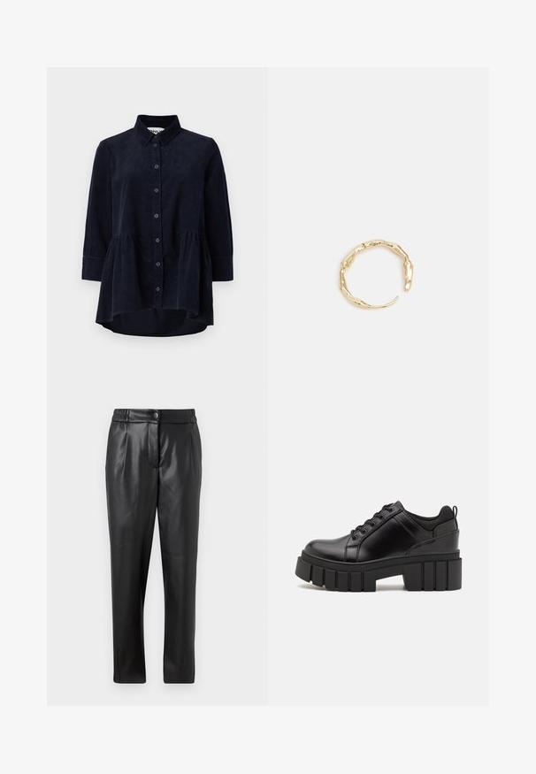 Mornarsko modra kordura srajca z gumbom spredaj, ovratnikom in tremi četrtinami rokavov. Ima peplum stil z nabrano spodnjim robom in mehak material.; Črne usnjene hlače z gladko teksturo, ravnim krojem, elastičnim pasom in sprednjim gumbom; nagubani detajli in zoženi nogi.; Črne usnjene platforme z debelim blokastim petam, okroglo konico in klasičnim vezanjem. Imajo gladko teksturo in minimalne podrobnosti.; Zlati prstan s organskim, zvitim dizajnom, gladko površino in taperiranimi konci, ki ustvarja modernega, skulpturalnega videza.
