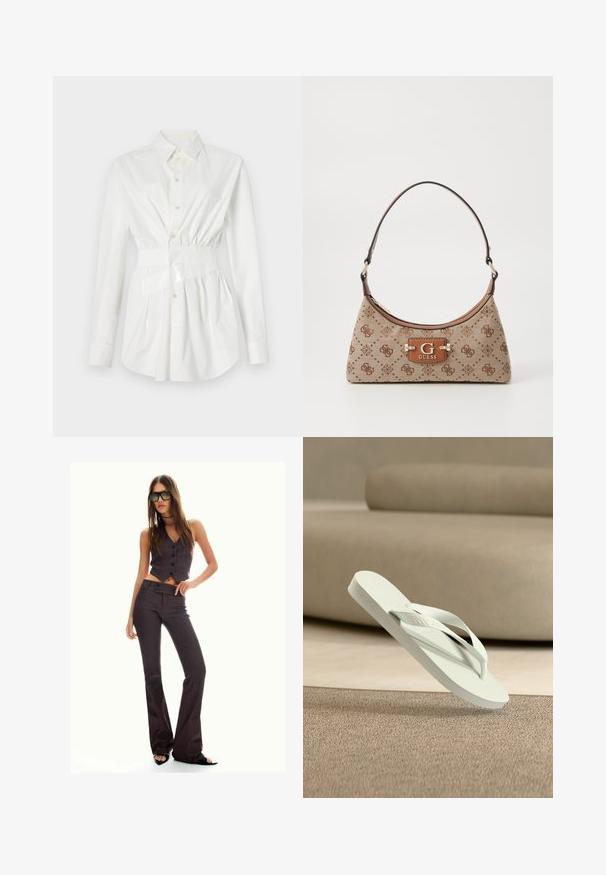 Bílá košile s dlouhými rukávy a vypasovaným pasem, s lesklým páskem jako akcentem. Vyrobena z hladké, lehké látky.; Hnědý pruhovaný zkrácený vest a rozšířené kalhoty, s knoflíky a texturovanou látkou. Černé otevřené boty na podpatku a oversized sluneční brýle.; Světlé zelené gumové žabky s texturovanou stélkou a tenkými pásky, vyvýšené nad jemným, neutrálně tónovaným pozadím.; Plátěná taška v béžové barvě s hnědými vzorovanými akcenty. Má zakřivený tvar, jeden popruh a na přední straně logovou destičku se stříbrným kováním.
