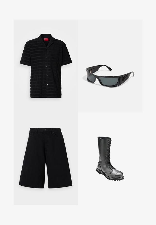 Svart kortermet skjorte med teksturert stoff, med et subtilt stripemønster, brystlomme og merketikett i rødt.; Svarte denimshorts med avslappet passform, med klassisk fem-lommers design og knappeåpning, glatt tekstur og rett benklipp.; Sorte svarte lær lace-up kamp støvler med høy skaft, rund tå, polstret krage og teksturert gummisåle for bedre grep.; Solbriller med ramme i svart plast, grå linser, omsluttende design, sideaksenter og logo-detalj på brillestangen.