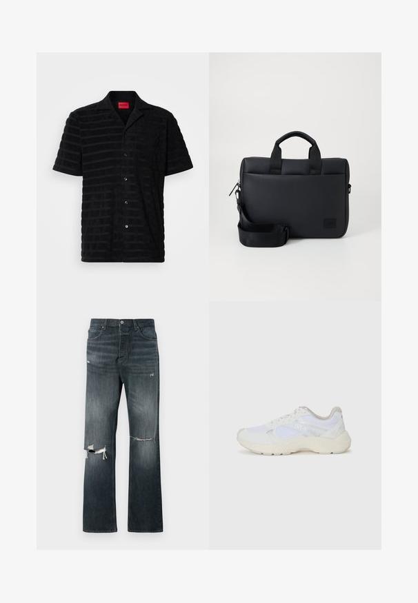 Črna majica s kratkimi rokavi iz teksturiranega blaga, z diskretnim črtastim vzorcem, prsno žepom in blagovno oznako v rdeči barvi.; Denim jeans v temnem pranju z sproščenim krojem, ki vsebujejo dve raztrgani koleni, standardno zaponko in zasnovo s petimi žepki.; Bela športna obuvala iz mrežastega in semiš materiala, z teksturiranim podplatom, teksturiranimi dodatki in logotipom "HUGO" na strani.; Črn teksturiran laptop nahrbtnik z dvema zgornjima ročkama, odstranljivo naramnico, zadrgo in majhnim logotipom za blagovno znamko.