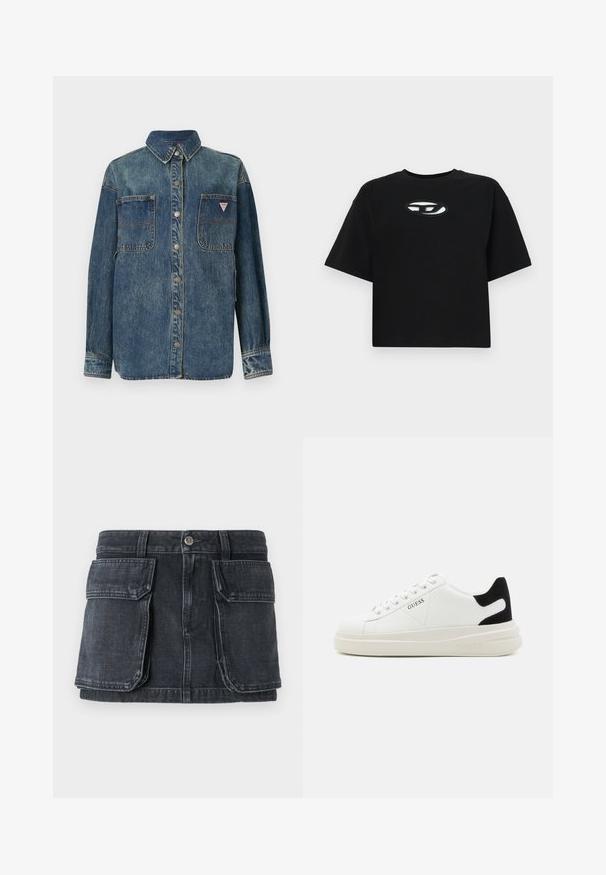 Denimjakke med knappestolpe foran, to brystlommer og spiss krage. Har en falmet blå farge og metallsnapper.; Svart bomulls T-skjorte med forkortet design, korte ermer og rund hals. Har en kontrastfarge oval logo på brystet.; Svart denimskjørt med en tettsittende midje, knappelukking, to store frontlommer og kontrasterende sømdetaljer.; Hvite lær sneakers med tykk hvit såle, svart semsket hælforsterkning og preget logo på siden. Snøresystem med seks hull.