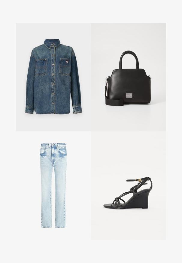 Džínová bunda s zapínáním na knoflíky, dvěma prsními kapsami a špičatým límcem. Disponuje vybledlou modrou barvou a kovovými patentkami.; Světlé modré džíny s rovnými nohavicemi, pěti kapsami a ošoupanou strukturou. Obsahují viditelné švy a klasické zapínání na knoflík.; Černé klínové sandály s tenkými křížovými pásky a nastavitelným řemínkem na kotníku se zlatou sponou. Hladký kožený povrch.; Černá syntetická kabelka s horními uchy, odnímatelným ramenním popruhem, zaobleným tvarem, hladkým povrchem a stříbrným logem na přední straně.