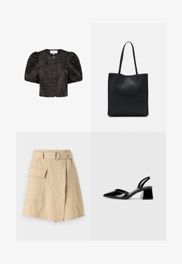 Juoda trumpa striukė su pūstomis rankovėmis, pasižyminti tekstūruotu, plisuotu dizainu. Uždarymas su mažu metaliniu akcentu, lygi audinio apdaila.; Šviesiai rudos medvilnės sijonas su šonine kišene, diržu, kuriame yra sidabro žiedas, ir šiek tiek A formos siluetu. Lygus audinys ir paprastas dizainas.; Juodos lakuotos odinės šlepetės su smailiu pirštu ir geometriniu bloko kulnu. Turi elegantišką, minimalistinį dizainą ir lygų paviršių.; Juodas odinis tote krepšys su lygia tekstūra, stačiakampio formos ir dviem ilgais rankenomis. Matomų metalinių detalių ar puošybos nėra.
