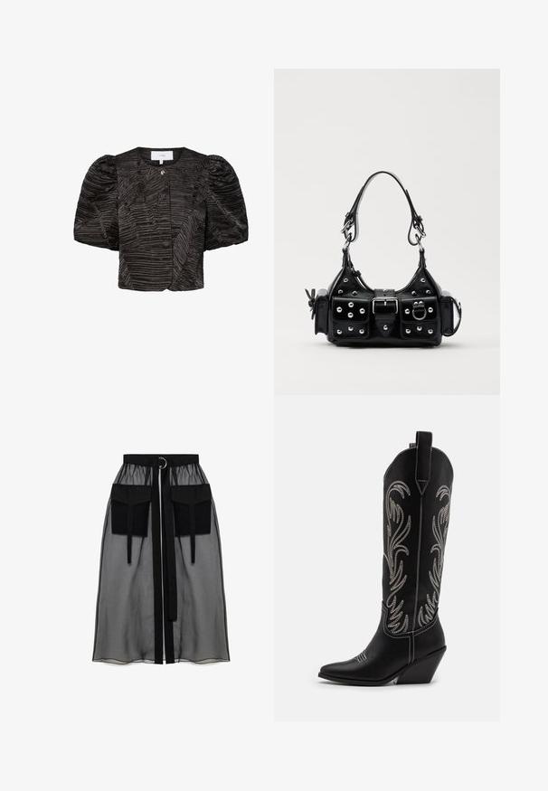 Schwarze, kurz geschnittene Jacke mit Puffärmeln, die ein strukturiertes, plissiertes Design aufweist. Verschluss mit einem kleinen metallischen Akzent, glatte Stoffoberfläche.; Schwarzer transparenter Rock mit einem gerafften Taillenbund, der zwei große Fronttaschen, einen Taillenkordel und ein kreisförmiges Metallakzent aufweist.; Schwarze Leder-Cowboy-Stiefel mit spitzen Zehen, Keilabsätzen und silbernen, gestickten Blumenmustern entlang des Schafts. Kontrastnähte über das gesamte Design.; Schwarze Lederhandtasche mit einem geschwungenen Design, verziert mit silbernen Nieten, einer Schnalle und zwei seitlichen Taschen. Verstellbarer Träger für verschiedene Tragemöglichkeiten.