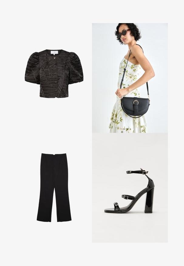 Schwarze, kurz geschnittene Jacke mit Puffärmeln, die ein strukturiertes, plissiertes Design aufweist. Verschluss mit einem kleinen metallischen Akzent, glatte Stoffoberfläche.; Schwarze Hose mit geradem Schnitt, ausgestattet mit Fronttaschen und Seitenschlitzen am Saum. Hergestellt aus weichem, glattem Stoff. Geeignet für verschiedene Anlässe.; Schwarze Lackleder-Sandalen mit hohen Absätzen, zwei Riemen mit Schnallen, quadratischer Zehenpartie und klobigem Blockabsatz, mit einer glatten, glänzenden Textur.; Schwarze Lederhandtasche mit geschwungener Form, abnehmbarem Tragegurt und goldenen Beschlägen. Die Tasche verfügt über einen Deckel mit einer Schnallen-Details.