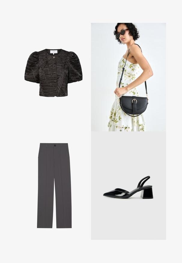 Sort croppet jakke med puffede ærmer, med et tekstureret, plisseret design. Lukning med en lille metalaccent, glat stoffinish.; Grå bukser med lige ben design, der har to side lommer og en knaplukning. Glat stof uden synlige mønstre eller detaljer.; Sorte patentlæder slingback hæle med spids tå og en geometrisk blok hæl. Har et elegant, minimalistisk design og en glat tekstur.; Sort læderhåndtaske med en buet form, aftagelig rem og guldfinish. Tasken har en klap med en spænde detalje.