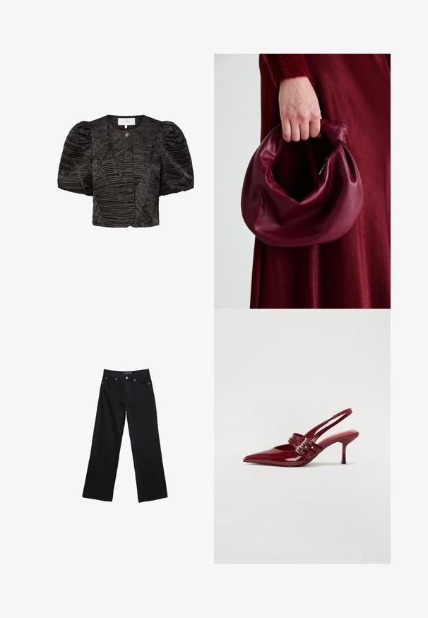 Sort croppet jakke med puffede ærmer, med et tekstureret, plisseret design. Lukning med en lille metalaccent, glat stoffinish.; Sorte denim wide-leg bukser med høj talje, synlige sømme og fire lommer. Stoffet har en blød, glat tekstur med minimal glans.; Røde patenteret læder slingback hæle med spids tå, to spændebånd og en slank, mellemhøj stiletto hæl. Glat tekstur.; Bordeaux læderhåndtaske med et blødt, samlet design og en rund form. Håndtaget er sikret og viser en glat tekstur.