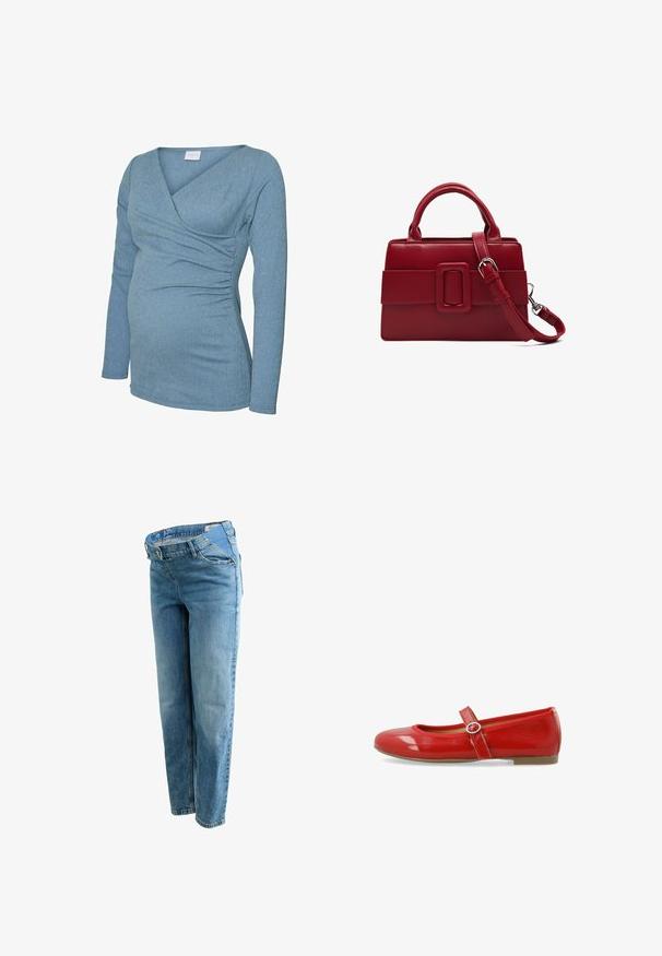 Maglietta premaman a maniche lunghe in morbido tessuto a coste blu chiaro, con scollatura a V e dettagli arricciati sul davanti e ai lati.; Jeans in denim azzurro chiaro con design a gamba dritta, dotati di vita media, stile a cinque tasche e dettagli di cucitura a contrasto.; Scarpa piatta in vernice rossa con punta arrotondata, una fascia decorativa con una fibbia circolare e una finitura liscia e lucida.; Borsa a tracolla in pelle rossa dalla forma rettangolare, con una grande fibbia decorativa e doppi manici. Include una tracolla staccabile.