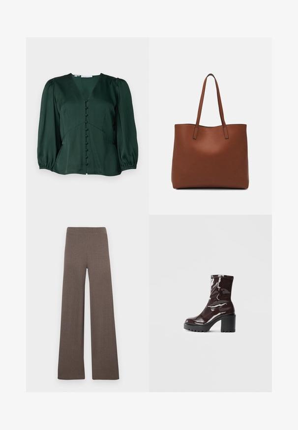 Grön silkesblus med V-ringning, puffärmar och knappstängning. Har texturerad tyg och skräddarsydda sömmar.; Ribbstickade vida byxor i mörkbrun färg, med en stretchig midjeresår och ett mjukt, strukturerat tyg.; Glansig bordeauxfärgad ankelsko med en kraftig svart klack, som har en slät yta och enkel design. Inga synliga stängningar eller mönster.; Brun läder tote-väska med en slät textur, öppen toppdesign och två axelremmar. Har minimal söm och ingen synlig metalldetalj.